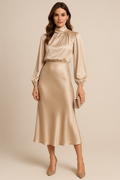 Krista | Elegant Langærmet Satin Aftenkjole