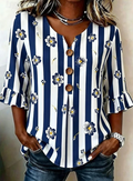 Zara | Stribet Blomstret Bluse med Flæseærmer